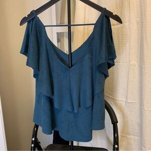 She + Sky Green Flutter Sleeve Ruffled Blouse